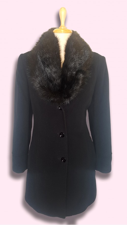 Ibolya levehető szőrmegalléros gyapjúszövet téli kabát fekete
